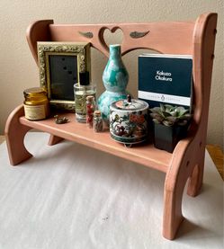 Vintage Upcycled Cottagecore Rustic Pink Decorative Wooden Bench with Heart Cut-Out