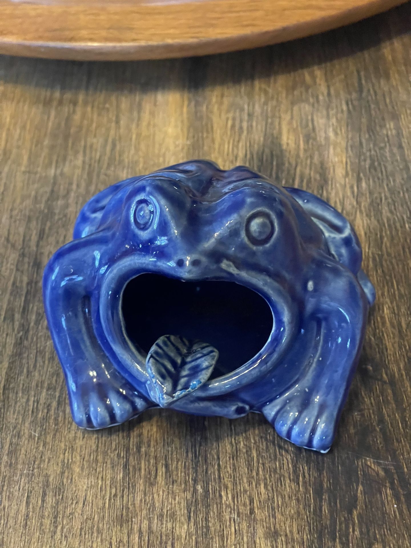 Vintage Big Mouth Blue Frog Ceramic Ashtray, Made Japan Open Mouth Pottery