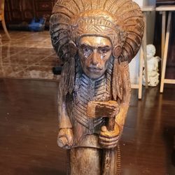 Hand-Carved Wooden Native American Chief Statue