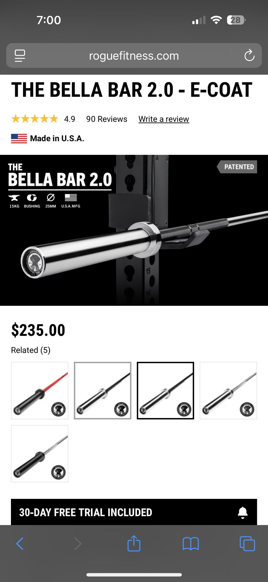 The Bella Bar 2.0 - E-Coat Barbell women 15 Kg