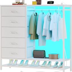 New in box Dresser for Bedroom, Dresser with Hanging Rack Led Lights and Charging Station, White Bedroom Dresser with 5 Fabric Chest of Drawers with P