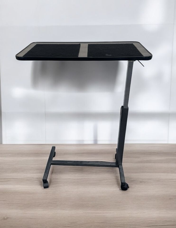 Adjustable height tilting mobile laptop sit or stand desk & over the bed table cart on wheels : 16deep x 30 1/2 W x 27-44H.