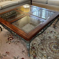 Wrought Iron, Cherrywood and Beveled Glass Coffee Table