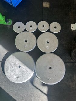 Weights, gym, workout, 2 discs 50 lbs each 2 discs 25 lbs each 4 discs 5 lbs each 1 inch standard size Heavy duty metal 170 pounds total Price i