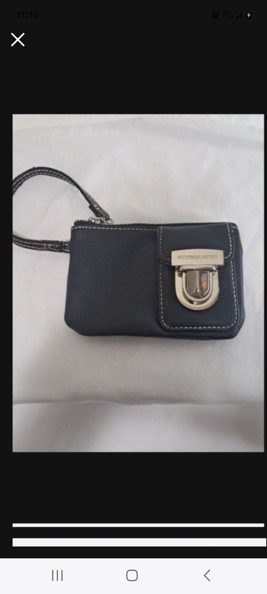 Victoria's Secret Black w/Pink Stitching Leather Wallet/Wristlet 6"×4"