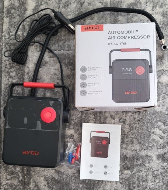 BYGO Automobile Air Compressor HY-AC-1766
Condition New with original Box and Manual
Air Compressor Tire Inflator DC 12V, Air Pump Car with Digital