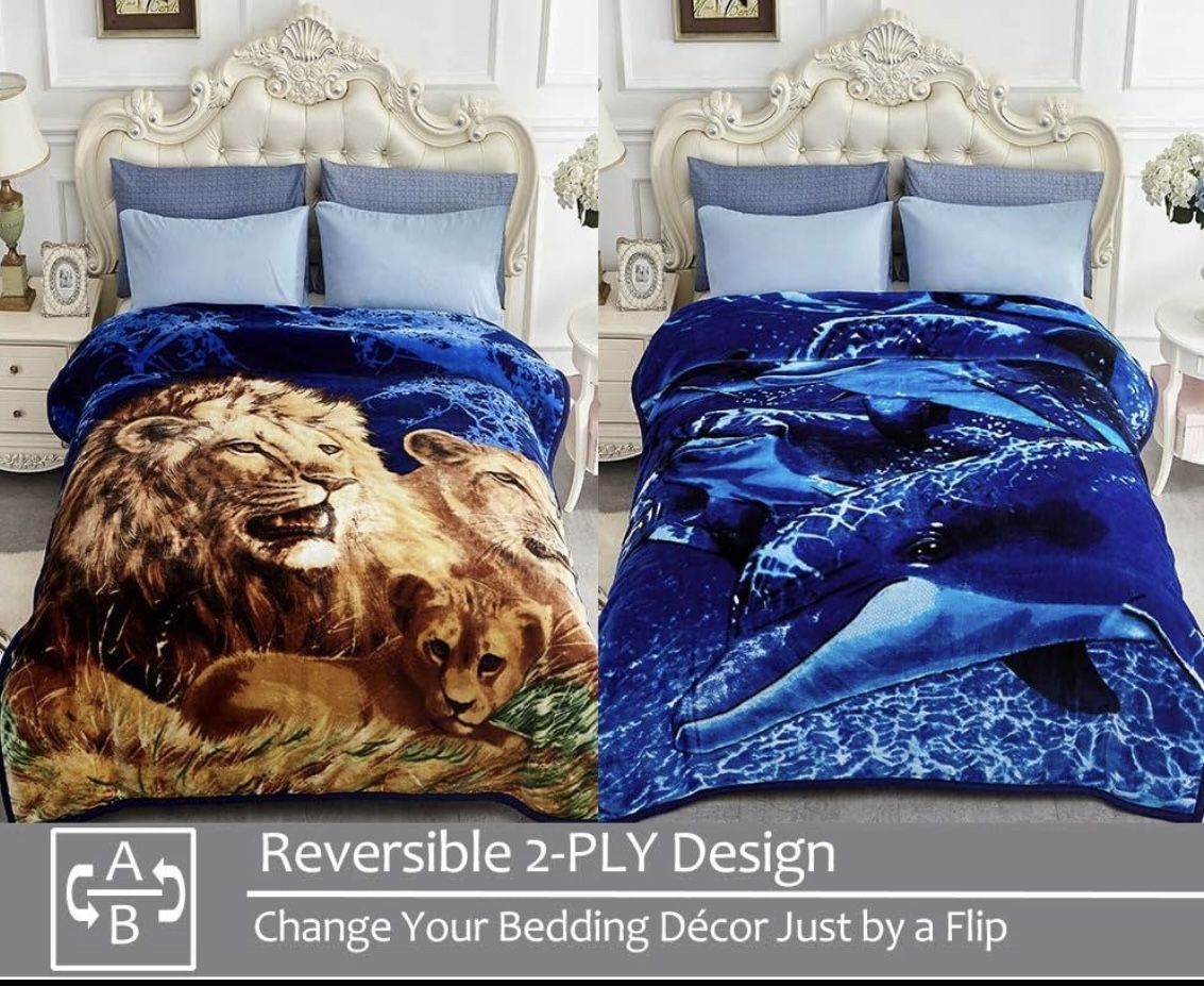 Brand New - Korean Faux Mink Fleece Blanket 75"x87", Queen, Lion/ Dolphin, 520GSM Silky Soft Plush