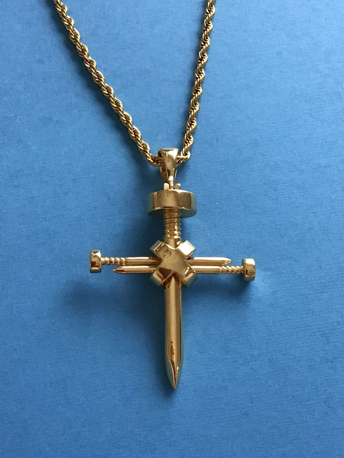 Cross Nailhead Design Pendant with Rope Chain- Gold On Stainless Steel *Pickup Boca Raton