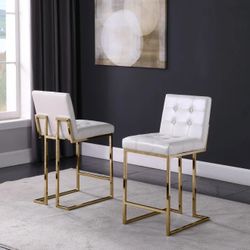 Brand New Set Of 2 White Velvet & Gold Counter Height Stools  Glam