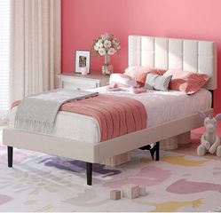 New in box Twin Platform Bed Frame, Modern Upholstered Bed with Headboard and Wood Slat Support, Noise-Free, No Box Spring Needed, Beige tbf-09