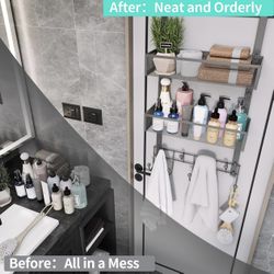 Silver Over The Door Hanger with Coat Hooks and 2 Baskets, Rustproof & Waterproof Over The Door Hooks, Storage Organizer for Hats, Bathroom, Kitchen, 