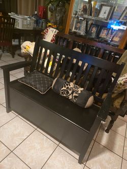Black bench, storage. At Bussey's flea market booths P115 and P116