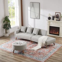 107 Contemporary Sofa Stylish Sofa Couch with a Round Storage Ottoman and Three Removable Pillows for Living Room, Grey