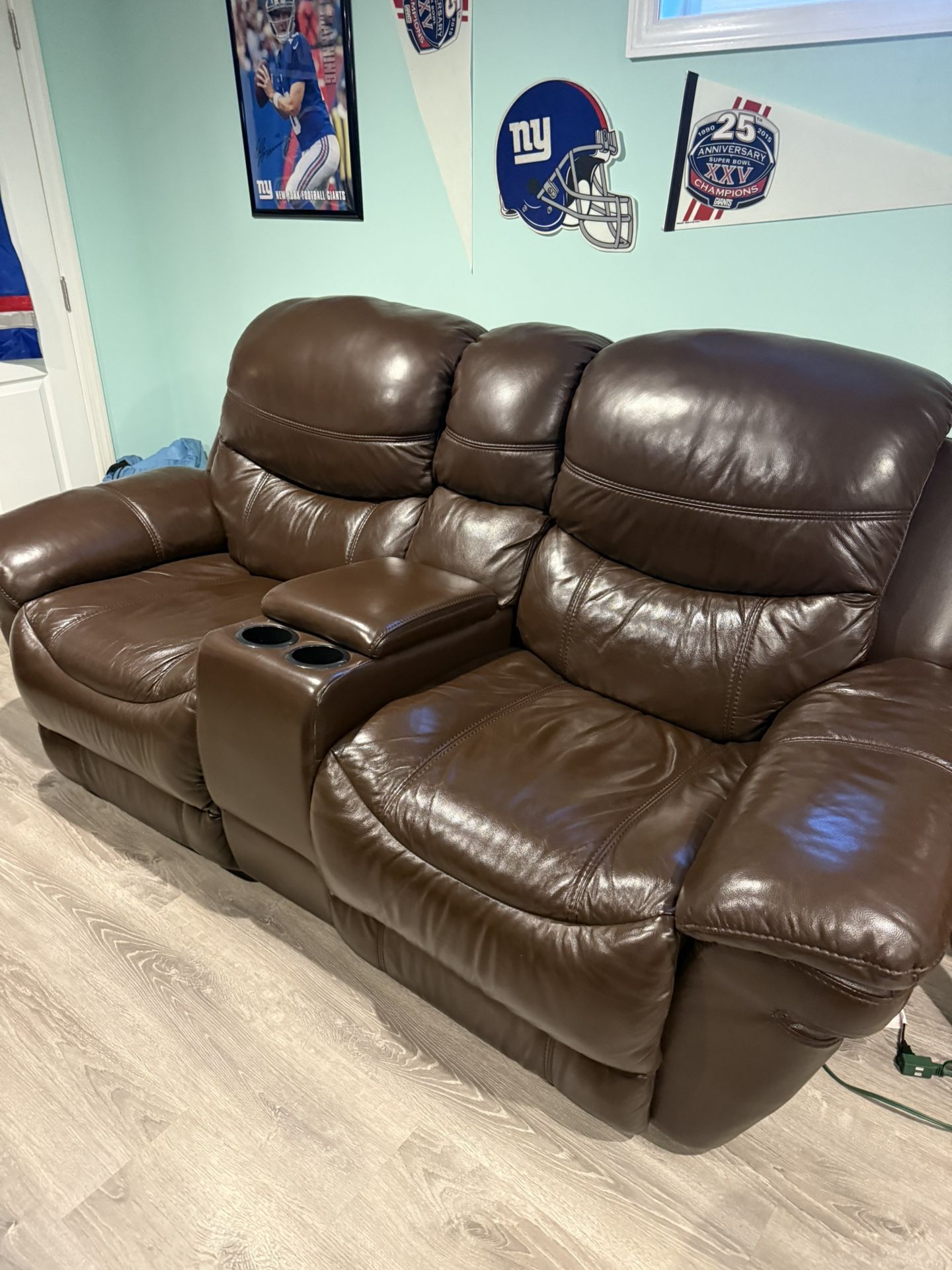 2 Piece Set Reclining Brown Leather Couch 