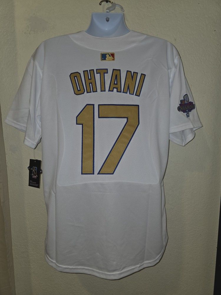 New Men's Dodgers Ohtani White Gold Trim Jerseys Stitched