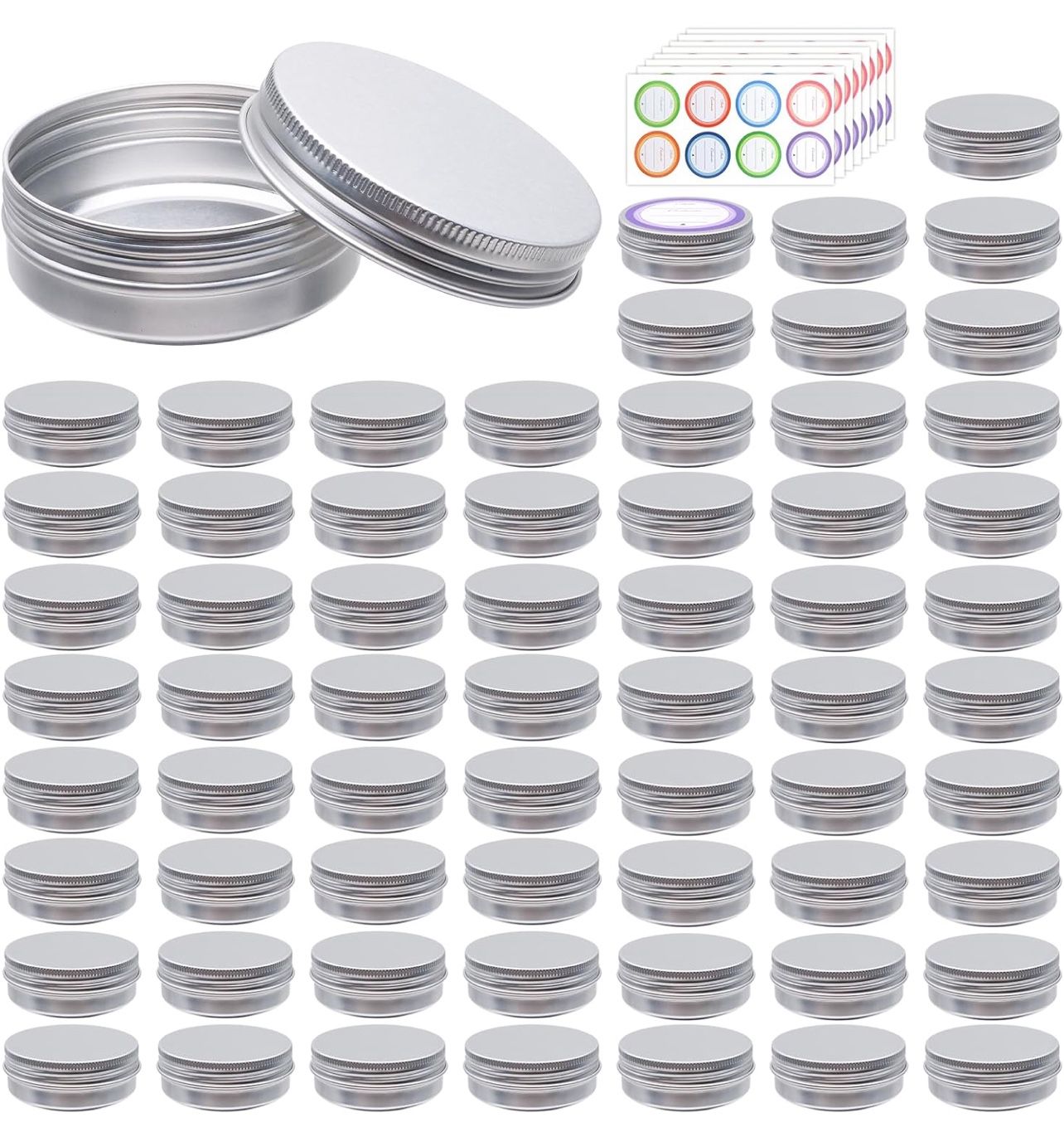 64Pack 2oz Aluminum Tin Jars, Metal Round Tins with Screw Lid for Lotion Bars, Balms, Cream, Salve, Spices, Toiletries