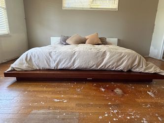 King Japanese Platform Bed Walnut Wood & White Leather Headboard Modern Designer