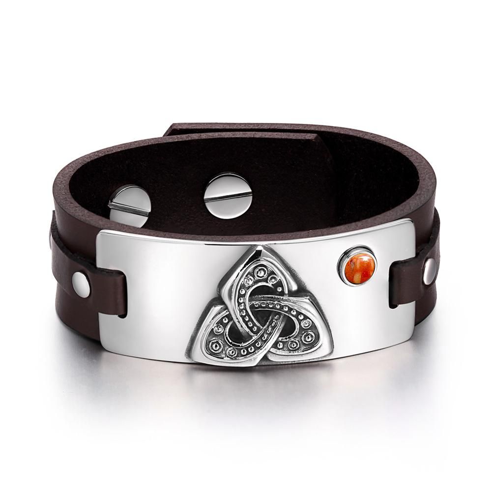 Celtic Triquetra Knot Powers Amulet Tag Red Jasper Gemstone Adjustable Dark Brown Leather Bracelet