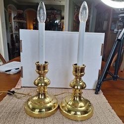 PAIR of Vintage Solid Brass Candlestick Table Lamps