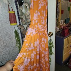 Large Halter Top Maxi Dress In Orange And Pink 