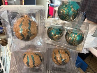 Teal and Gold Christmas Ball Ornaments Lot and butterflies