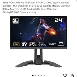 ASUS ROG Swift Pro PG248QP NVIDIA G-SYNC esports gaming monitor -24.1-inch FHD, 540 Hz (OC), Esports-TN panel, NVIDIA Reflex Analyzer, ULMB 2, adjusta
