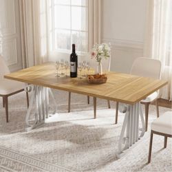 71ā Farmhouse Dining Table ā Natural Wood Top & White Decorative Base