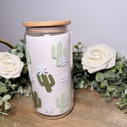 Sage Cactus Glass Can Cup with Bamboo Lid | Cute Western Cup | 16 oz Aesthetic Iced Coffee Cup