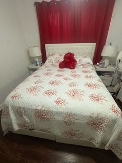 White Queen Bed Frame with Mattress & 2 Storage Drawers