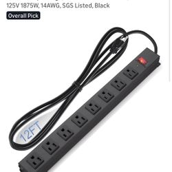 12ft Metal Power Strip Surge Protector, New