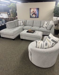 Pottery barn gray chenille sectional couch and ottoman