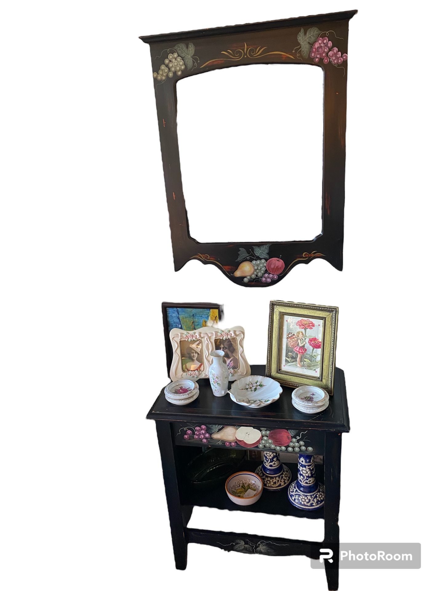 Vintage painted fruit Italian cottage rustic style small table with mirror set