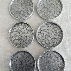 6 Vintage Aluminum Floral Pattern Coasters
