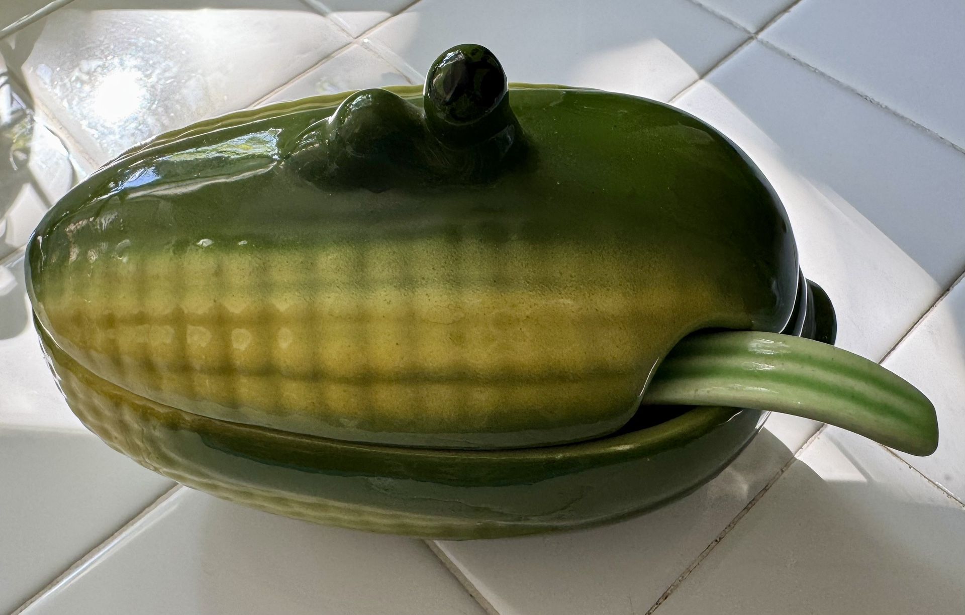 Vintage Shawnee Style Ceramic Corn Dish 9” Long with Cute Worm on Lid & Ceramic Spoon
