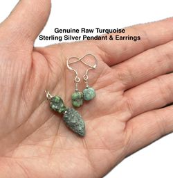 Turquoise Genuine/Authentic Raw Stone Sterling Silver Pendant & Earrings Set