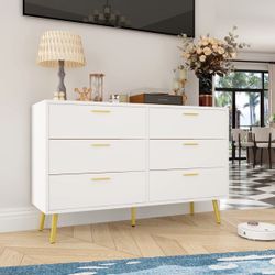 White Dresser for Bedroom, 6 Drawer Dresser with Wide Drawers and Gold Metal Handles, Wood Dressers & Chest of Hallway, Entryway.