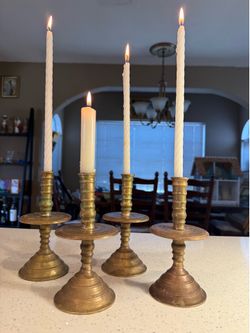 Lot of 4 Vintage Dutch European Style Hand Turned Brass Candlestick Holders Primitive Farmhouse Decor