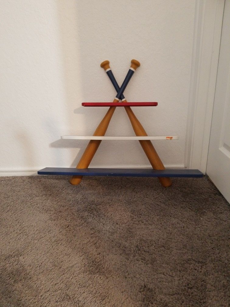 Kid's Plastic Wall Shelf Baseball Theme Red White Blue Ball Bat