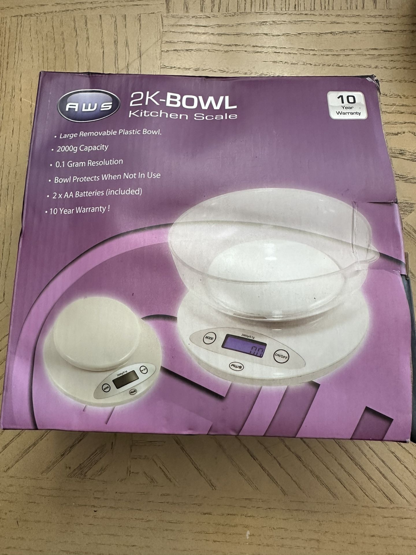 AWS 2k Large Plastic Bowl Kitchen Scale White Auto Off Battery Operated