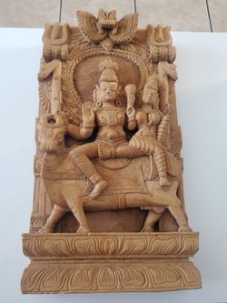 Hand-carved wooden Plaque depicting the Hindu deities Shiva and Parvati Nandi
