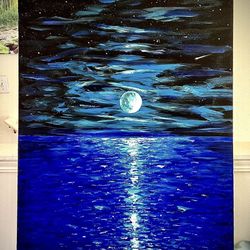 Beautiful Original Painting Seascape Moon Light  LARGE 