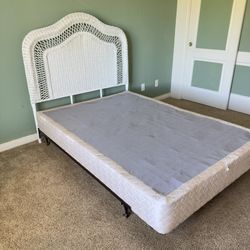 White Wicker Full Size Bed Headboard with Metal Frame and Box Spring Excellent Condition 
