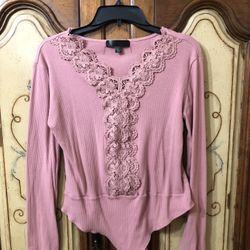Pink  Long sleeve Bodysuit With Lace Trim Along Center