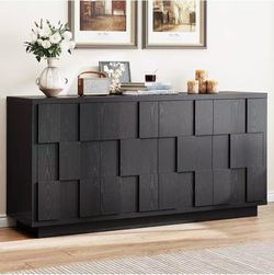 ONBRILL 60" Sideboard Buffet Cabinet with Adjustable Shelves Storage,Black Large Credenza with 3D Woven Texture,4 Pop-up Doors,Ample Storage Shelves,M