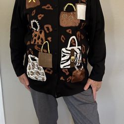 Unique Black Cardigan With Handbag Design, XL