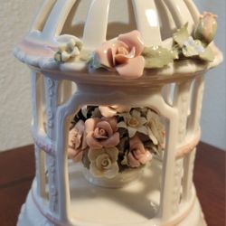 Anna Rosa Porcelain Birdcage Music Box With Hand-Painted Floral Details & Intricate Design