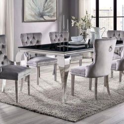  Brand New Glam Black Gray  Chrome 7pc Dining Table Set