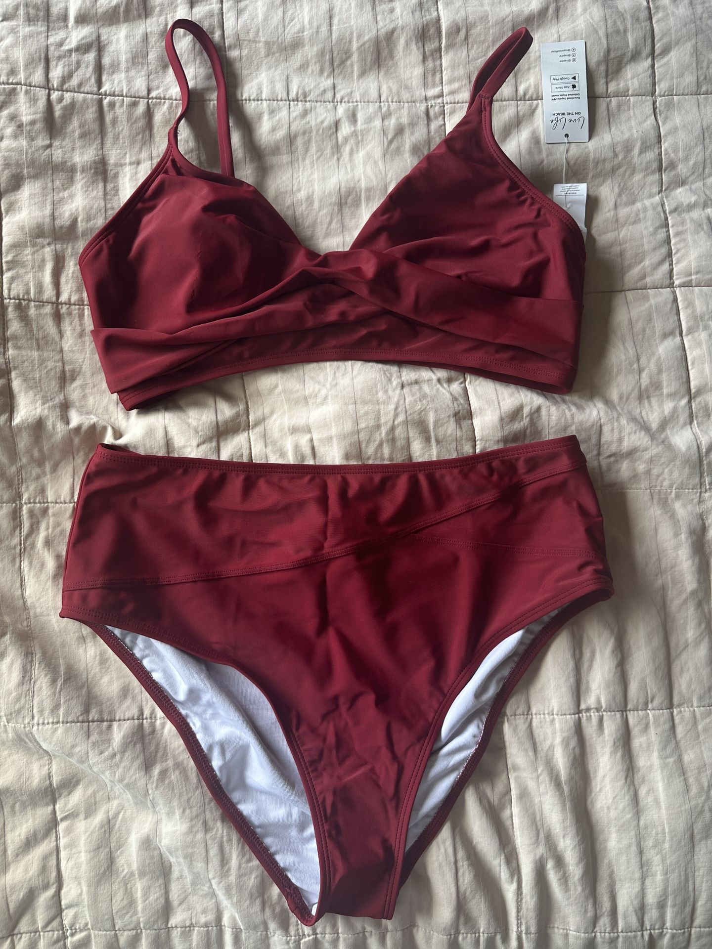Dark Red Bikini Bathing Suit High Waisted Large Twist Front Top New Trendy Deep