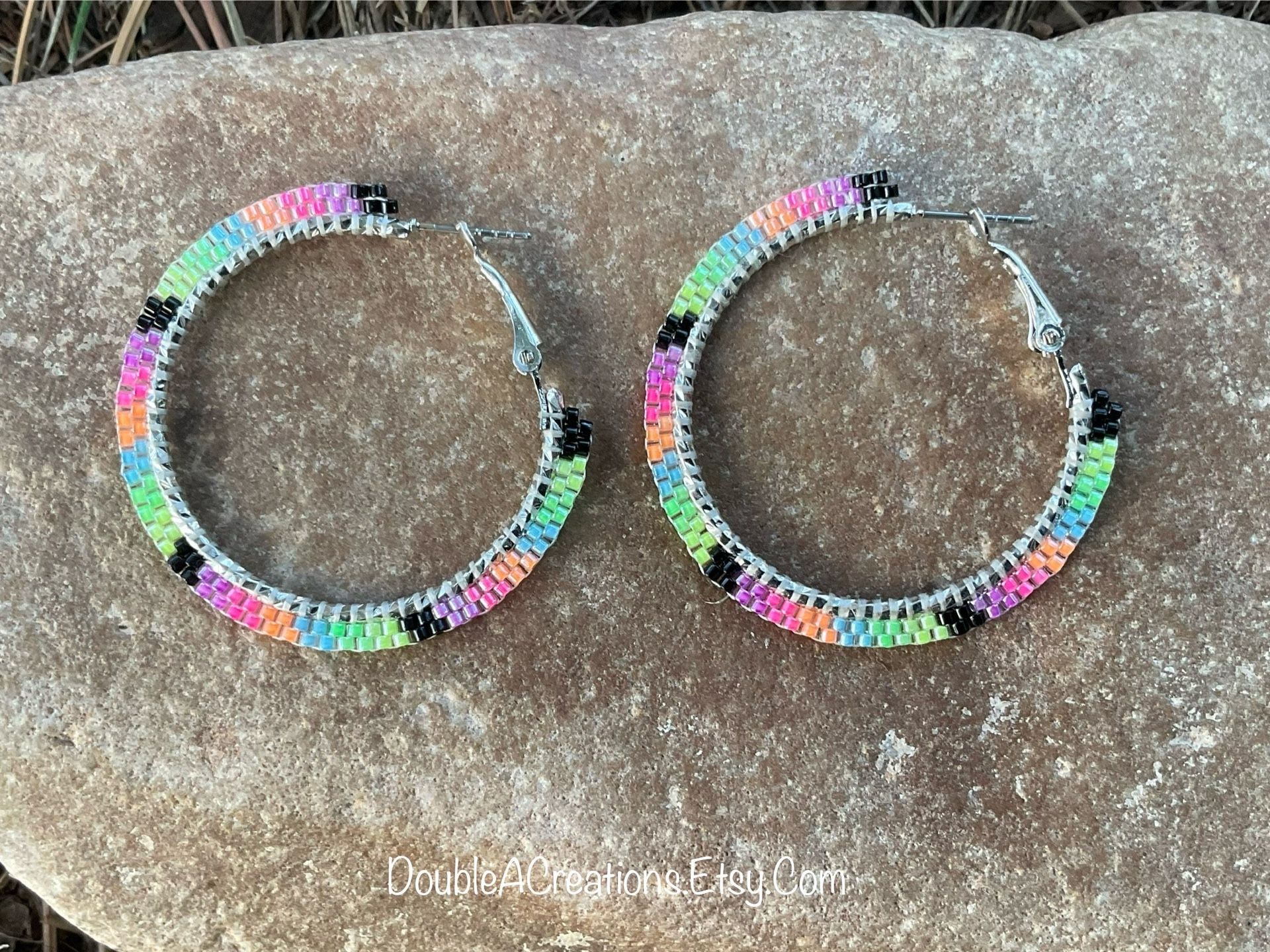 Rainbow 1 1/2” Beaded hoops, New, Handmade By Me