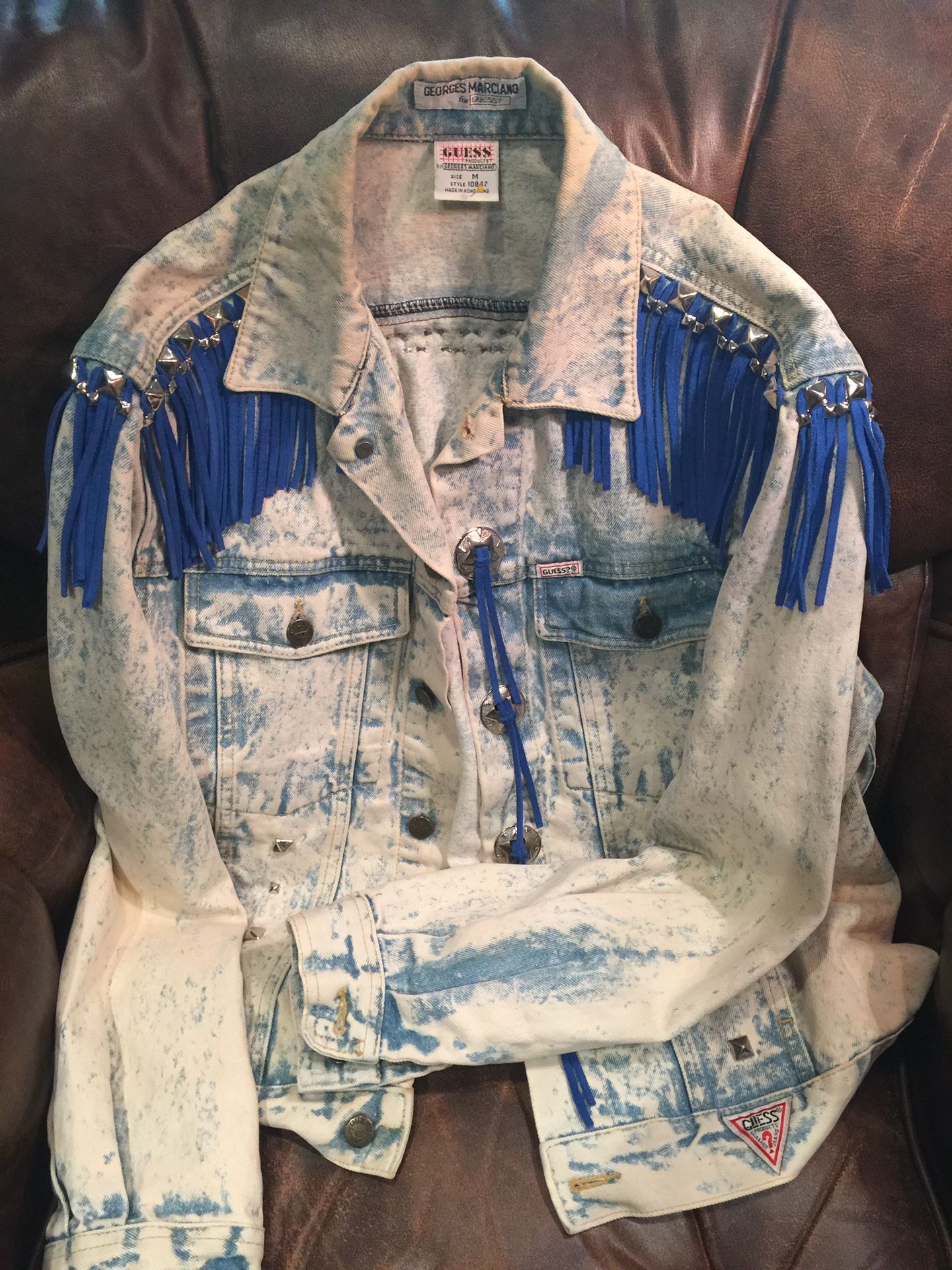 Denim Jacket Blue Leather Fringe, Medallions, Studs,Metal Buttons. It is a one of a kind bespoke design.